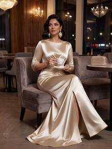 SHEIN Lady Plus Size Elegant Satin Pleated Front Slit Dress Fall - Gold - View 4