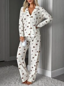 SHEIN Teddy Bear & Bow Print Button Front Casual Pajama Set - Multicolor - View 3