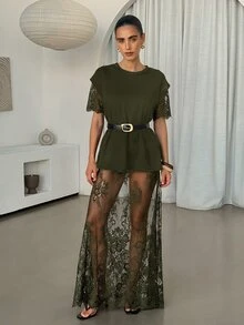 Lavishia Gaun Panjang Transparan Seksi Berenda untuk Wanita, Cocok untuk Pemakaian Sehari-hari - Hijau Tentara - View 6