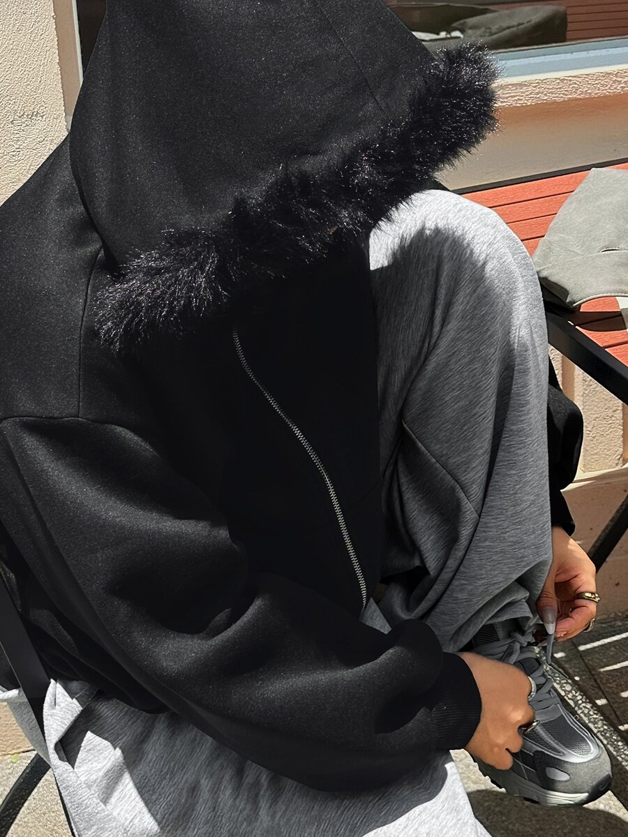 Livesso Plus Size Thermal Lined Thick Fur Collar Patchwork Hooded Loose Blogger Casual Streetwear Autumn/Winter New Sweatshirt - Black - View 1