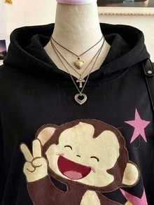 Lalippa Women's Cute Monkey Pattern Hooded Short Sleeve Sweatshirt, Y2K Sweet Cool Star, Autumn/Winter Street Style - Multicolor - View 3