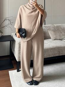 Dazy Plus Loose Asymmetrical Design Pullover Top & Long Pants 2 Pieces Set, Elegant Outfit, Spring/Autumn New Arrival - Khaki - View 4