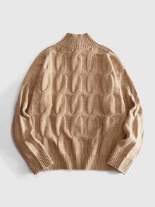 ROMWE MEN Men's Knight Embroidery Long Sleeve Zip-Up Casual Knit Cardigan - Camel - View 2