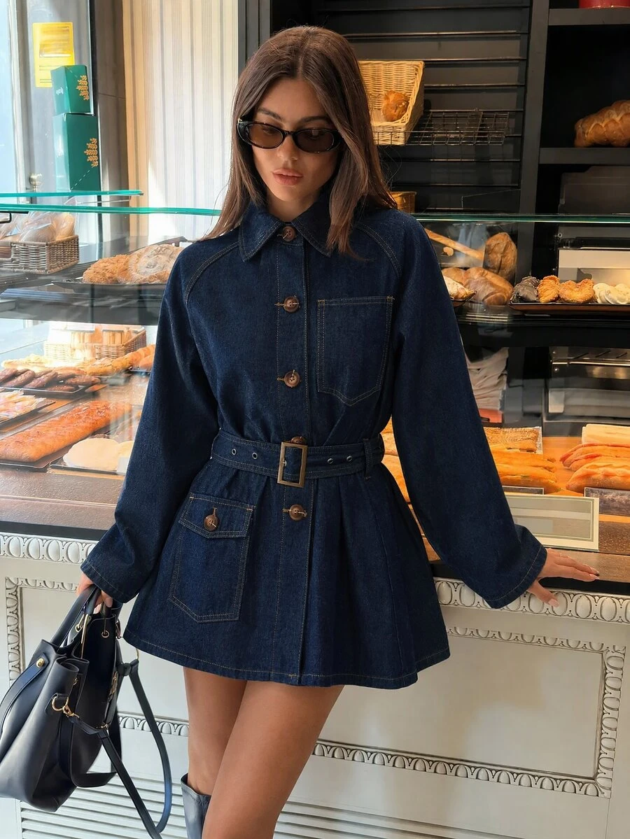 Aloruh Women's Raglan Long Sleeve Single-Breasted Casual Denim Jacket,A-Line Mini,Brunch Outfit,Halloween,Christmas,French Dark Blue Fall
