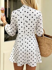 Cévolie French Minimalist Casual Polka Dot Long Sleeve Dress - White - View 3