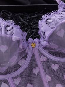 SHEIN 愛心網紗愛心蕾絲鋼圈內衣與丁字褲內衣兩件套 - 紫色 - 查看 3
