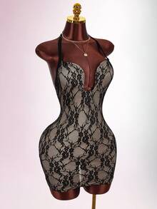 Amplova Gaun Mini Bodycon Renda Dua Warna dengan Kawat Penyangga, Desain Punggung Terbuka Berkerut, Gaya Y2K Seksi untuk Wanita - Hitam - View 6
