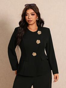 Elaquor Plus Size Women's Metal 3D Flower Button Long Sleeve Elegant Blazer Elegant Suit Women Fall/Winter Elegant Office Business Work Suit Set For Women - Black - View 5