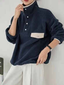 Dazy-Less Women's Colorblock Drop Shoulder Long Sleeve Button Half-Placket Casual Sweatshirt Business Casual Woman Fall - Navy Blue - View 8