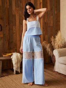 Lullawish Bộ đồ ngủ nữ phong cách Bohemian 100% cotton, áo hai dây phối ren tương phản và quần dài - Xanh da trời - Xem 3