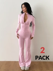 Coolane Women's Summer Sport Yoga Shaping Zipper Detail Jacket + Butt-Lifting Flared Long Pants Pink 2pcs - Pink - View 3