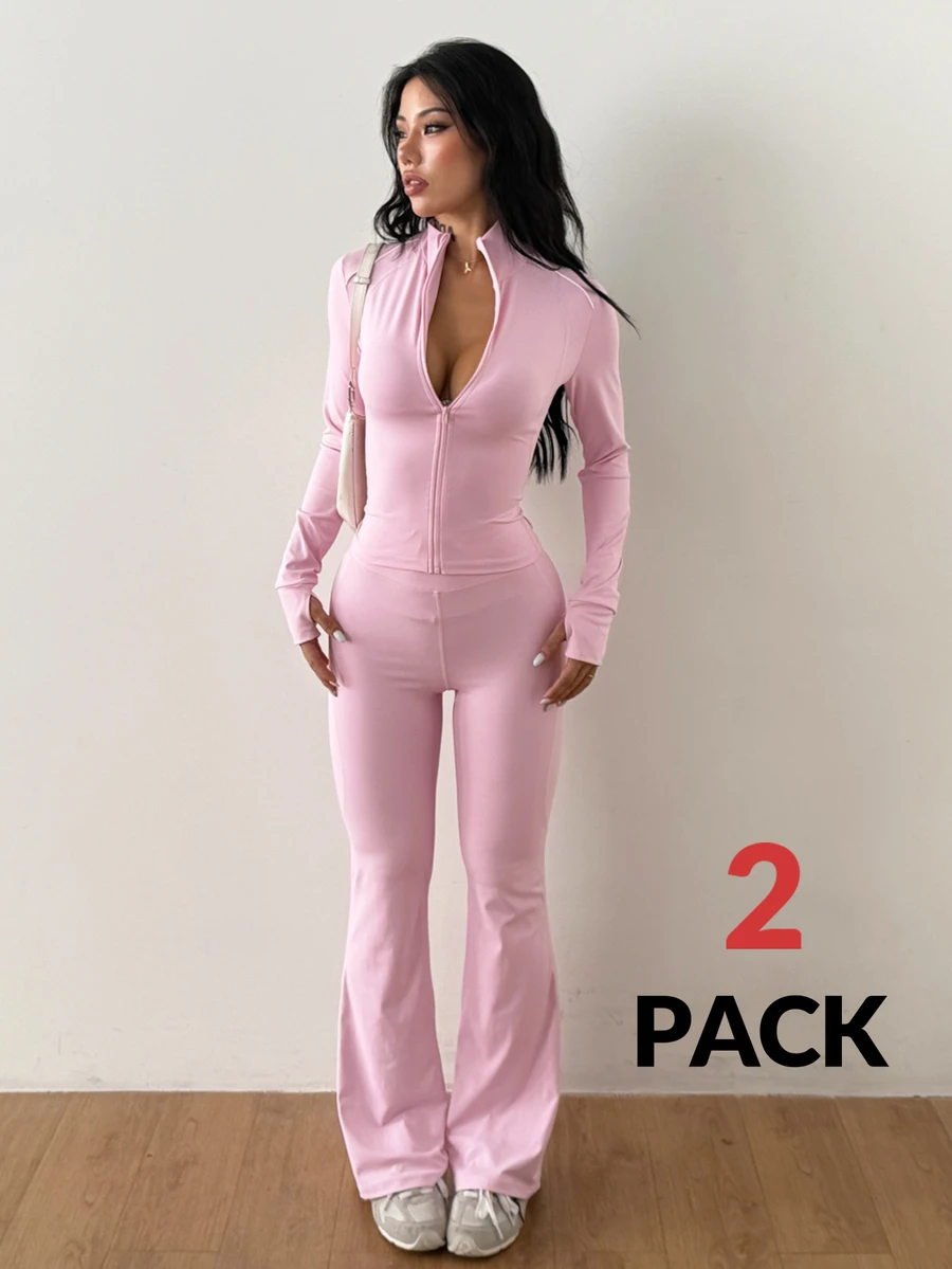 Coolane Women's Summer Sport Yoga Shaping Zipper Detail Jacket + Butt-Lifting Flared Long Pants Pink 2pcs - Pink - View 1