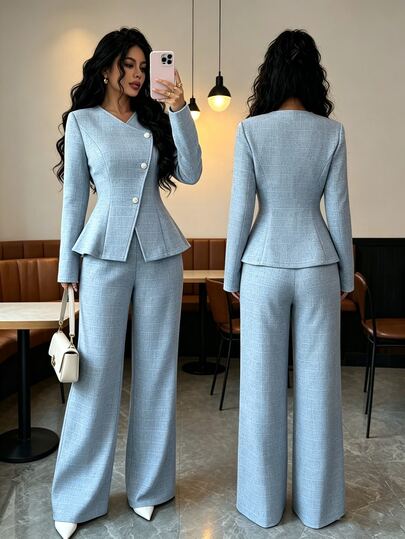 Elenzga Women's New Autumn/Winter Blue Knitted Fabric Waist-Cinching A-Line Long Sleeve Pearl Button Decor Elegant Office Jacket And Commuter Trousers Set, Business Casual Sophisticated Outfit