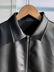 SHEIN Sparklyn Jaket Kulit PU Serbaguna dengan Kerah Lipat, Cocok untuk Remaja Perempuan, Gaya Kasual Musim Gugur/Dingin, Sehari-hari, Kelas Atas, untuk Perjalanan Sekolah, dan Aktivitas Luar Ruangan. - Hitam - View 4