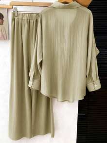 GlowEve CURVE Plus Size 2pcs Set Sun Protection Shirt & Long Pants, Long Sleeve With Pockets, Straight Leg, Versatile Casual Fashion, Suitable For All Seasons - Khaki - View 2