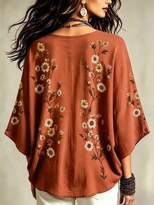 Glimmora 波希米亞風仿刺繡花卉印花女款上衣，寬鬆V領蝙蝠袖七分袖修身上衣，休閒度假旅行襯衫，適合鄉村與海灘 - 彩色 - 查看 2