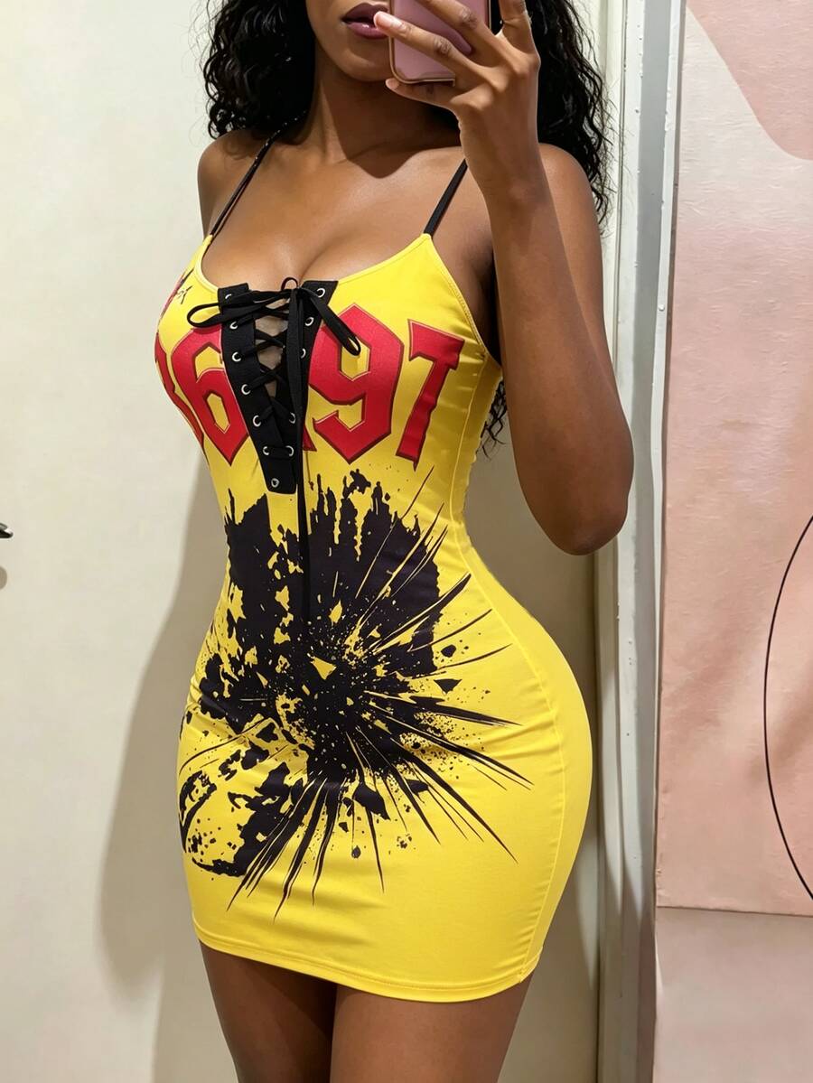 Glyssa Gaun Bodycon Bertali Tipis dengan Motif Retro Amerika - Kuning - View 1