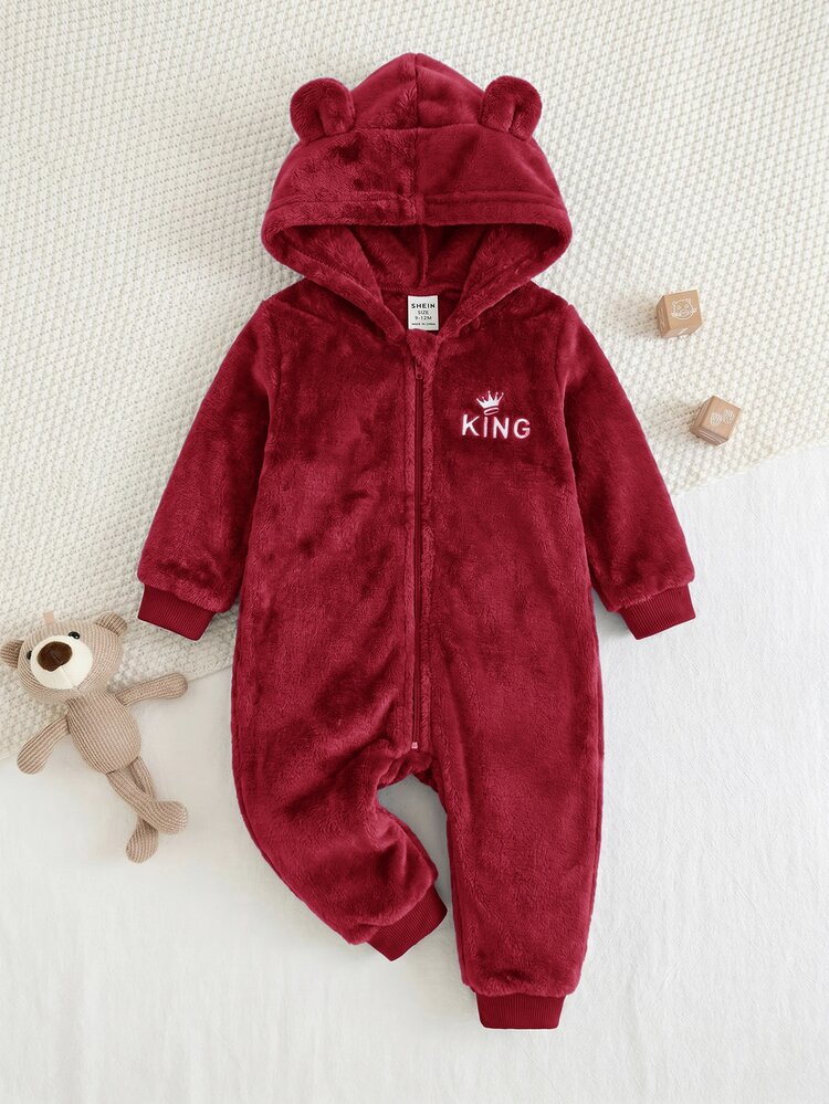 Newborn Baby Boy Cute Casual Fluffy Deep Blue Embroidered Pattern Hooded Autumn Winter Romper - Burgundy - View 3