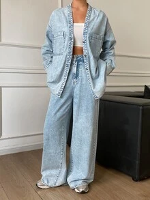 Livesso 女款長袖上衣與長褲休閒街頭風日常牛仔套裝，秋季淺藍色，適合白天外出穿著 - 淺色水洗藍 - 查看 3