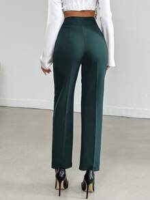 SHEIN Tall Women's Solid Color Button Front Pocket Casual Long Pants - Dark Green - View 2