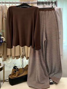 SHEIN CURVE+ Knitted Solid Color Front Button Cardigan With Striped Trim, Slim Fit Camisole With Drawstring Detail, Elegant Casual Commute Daily Outing Long Pants Plus Size 2-Piece Set - Coffee Brown - View 2