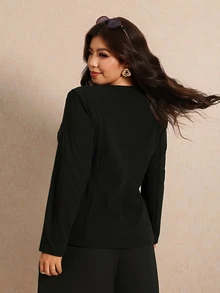 Elaquor Plus Size Women's Metal 3D Flower Button Long Sleeve Elegant Blazer Elegant Suit Women Fall/Winter Elegant Office Business Work Suit Set For Women - Black - View 2