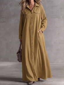 Glimmora Plus Size Women Solid Color Casual Party Dress - Khaki - View 4