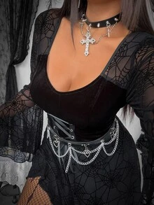 Whyspr Plus Size Dark Gothic Vintage Velvet Black Mesh Patchwork Bell Sleeve Cinched Cinched Waist Dress Fall - Black - View 8