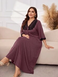 Lacomfia Gaun Pesta Kasual Leher V dengan Patchwork Renda untuk Wanita Ukuran Plus - Red Violet - View 6