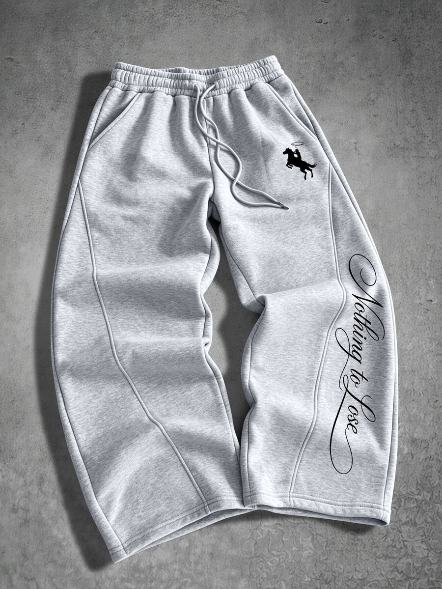 Manfinity EMRG Men's Plus Size Knight Print Drawstring Waist Loose Casual Sweatpants - Grey - View 1