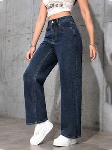 SHEIN Tall Celana Jeans Kasual Warna Polos Serbaguna untuk Wanita Tinggi - Dark Wash - View 3