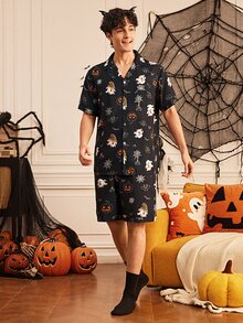 Provexi Provexi Men's Fun Halloween Pattern Print Lapel Collar Button-Down Short Sleeve Shorts Pajama Set - Multicolor - View 6