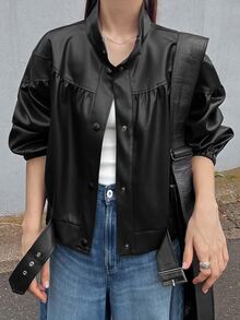 FRIFUL Jaket Kasual Wanita Lengan Panjang Kancing Tunggal Potongan Reguler Bahan Kulit PU Warna Polos untuk Musim Gugur - Hitam - View 5