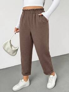 Shapeblank Plus Size Casual Versatile Solid Color Pants - Mocha Brown - View 3