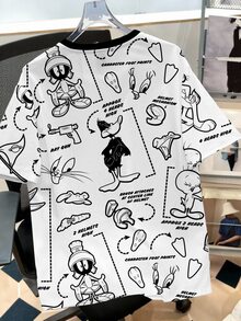 LOONEY TUNES X SHEIN Manfinity Joysei 男士字母卡通印花圓領短袖休閒T恤 - 白色 - 查看 2