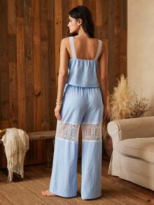 Lullawish Bộ đồ ngủ nữ phong cách Bohemian 100% cotton, áo hai dây phối ren tương phản và quần dài - Xanh da trời - Xem 2