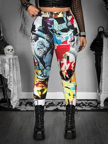 Whyspr Harley Quinn X SHEIN Plus Size Women's All-Over Print Casual Daily Tight Leggings - Multicolor - View 4
