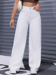 SHEIN PETITE White High-Waist Straight Leg Denim Jeans - White - View 6