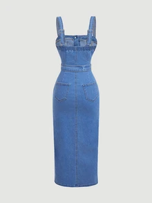 Women's Single-Breasted Fitted Elegant Spaghetti Strap Denim Dress - Blue - View 4
