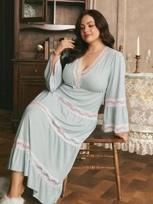 Côtesoire 大尺碼女款對比蕾絲V領長袖優雅睡袍 - 淺藍色 - 查看 5