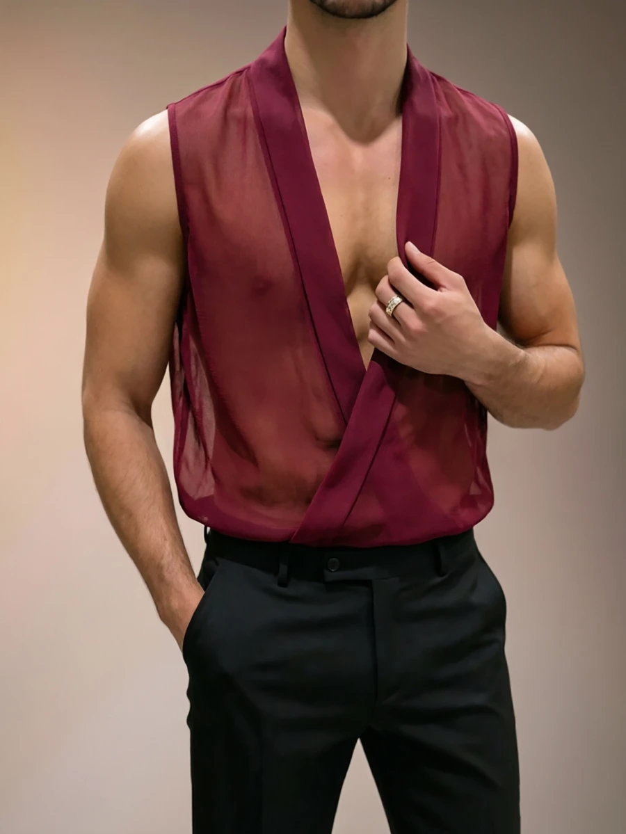ZURIURI Men's Sheer Casual Fashion Sleeveless Tank Top - Burgundy - View 1