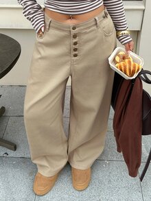 Dazy Plus Spring/Autumn New Vintage Washed Solid Color Casual High Waist Versatile Multi-Button Jeans - Apricot - View 5