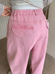 Dazy Plus Pink Korean Style Loose Curved Leg Jeans With Pocket Decoration, Casual Denim Pants For Girls, Spring And Autumn - Pink - View 2