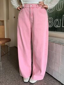 Dazy Plus Pink Korean Style Loose Curved Leg Jeans With Pocket Decoration, Casual Denim Pants For Girls, Spring And Autumn - Pink - View 4