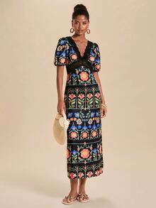 Travachic Women's Contrast Lace Floral Pattern Short Petal Sleeve Elegant Dress - Multicolor - View 3