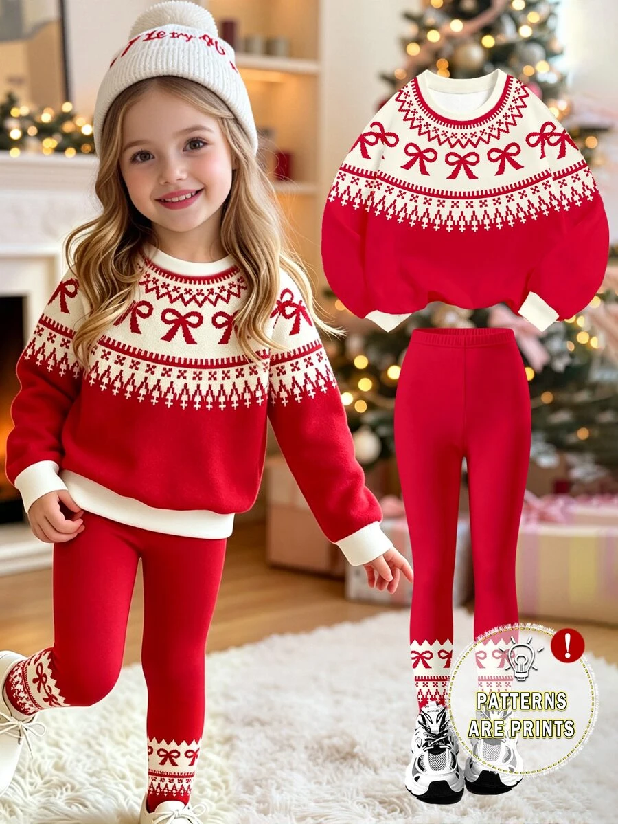 聖誕套裝 秋冬女童幼兒休閒清新紅白色蝴蝶結 Fair Isle 提花圓領衛衣 + 紅白色蝴蝶結 Fair Isle 緊身褲套裝 - 彩色 - 查看 1