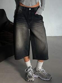 Livesso Tall Women's Loose Straight Leg Street Casual Cropped Denim Jeans - Black - View 2