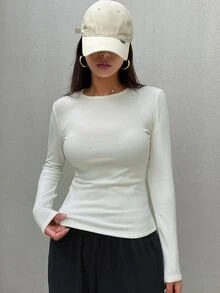 DAZY 女款保暖內裡修身純色T恤 - 米色 - 查看 8