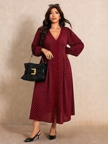 Elaquor Plus Size Women's Burgundy Lantern Sleeve Single-Breasted Elegant 1950s Vintage Romantic 1920 Celestial Dress Fall Brunch Party Date Night Evening - Red - View 6