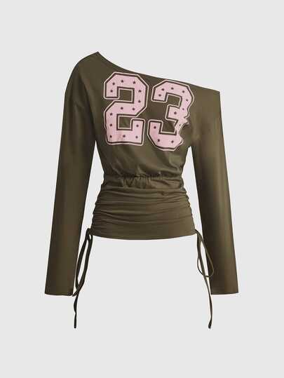 ROMWE Street Life Street Style Long Sleeve 23 Foil Star Waist-Cinching Sports Number Asymmetric Shoulder Top In Army Green And Pink